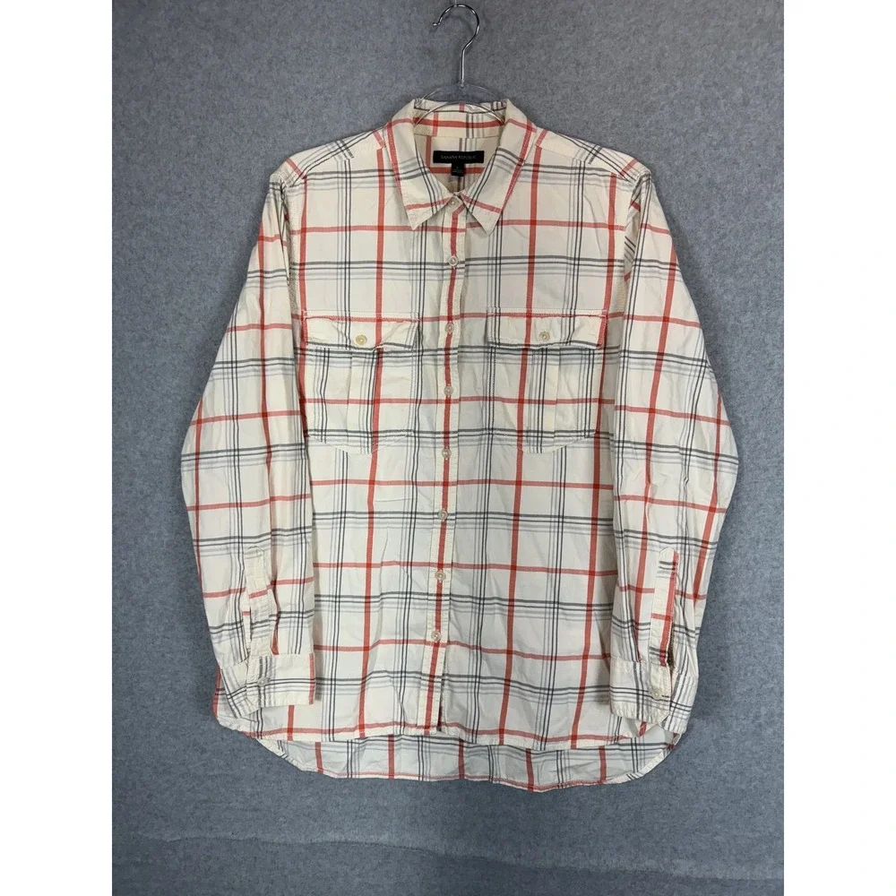 Banana Republic Shirt Mens Large Red Cream Plaid Button Up Long Sleeve Casual
